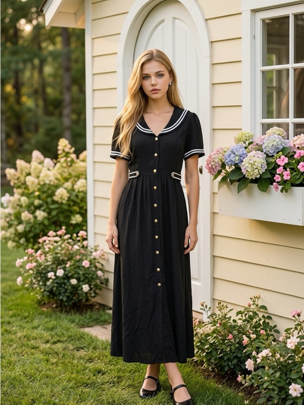 Vintage Robbie Bee Black Sailor-Collar Button-Front Midi Dress